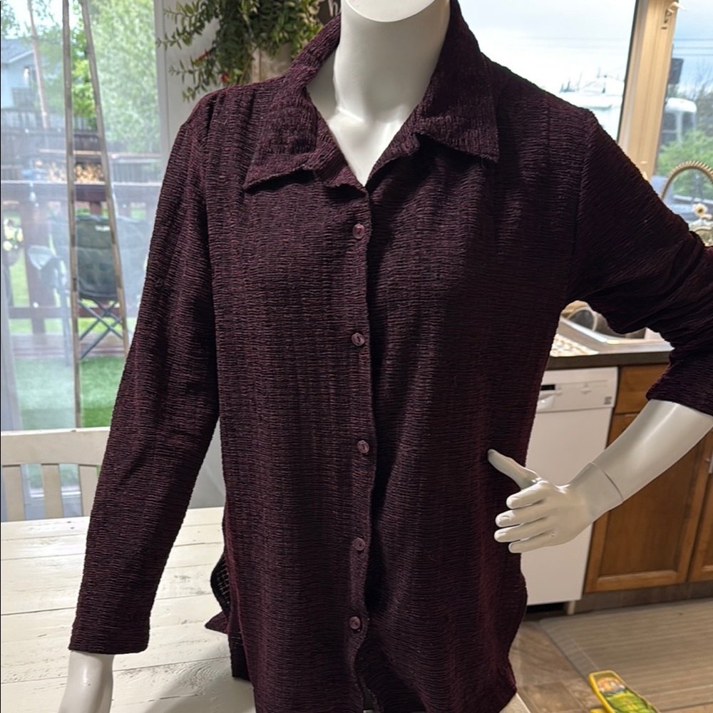 Optionelle 80s Women's Plum Burgundy Button-Up long sleeve Top super soft Small